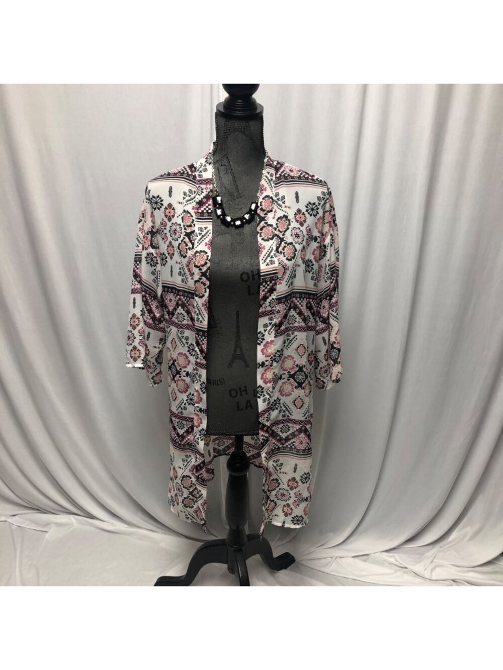 Wallflower Kimono Womens Size Medium White Black Pink Sheer Open Front Cardigan